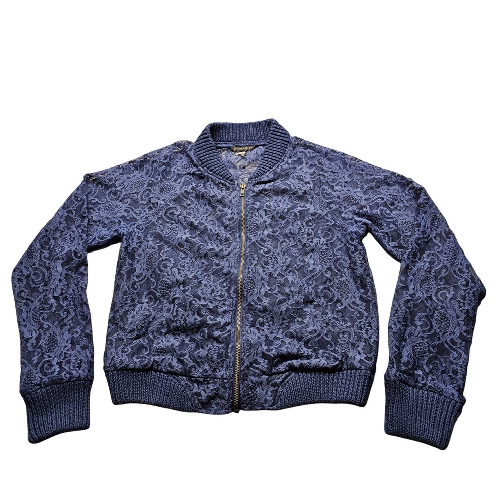Victorias Secret Lace Bomber Jacket Womens Small Blue Floral Sheer Full Zip Glam